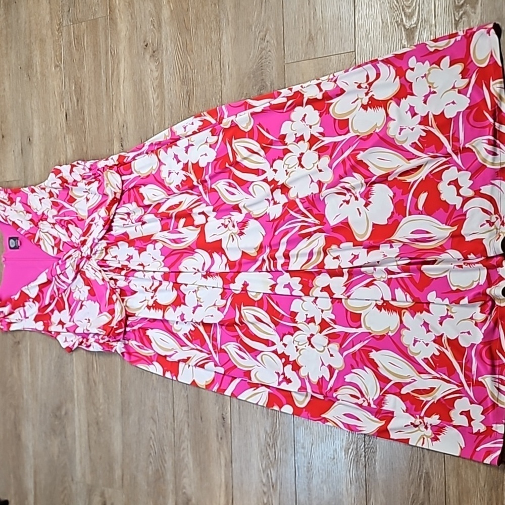 Vince Camuto Stretch Jersey Pink Red White Floral Sleeveless V Neck Maxi Dress - Picture 2 of 16